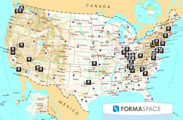 Location of Amazon Fulfillment Warehouses across the USA.