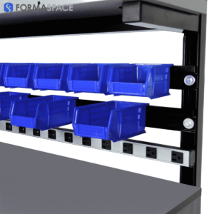 bin rails with multiple bin sizes and 12 outlet power strip