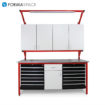 Stainless steel red frame with a resistant countertop and full of storage and drawers.