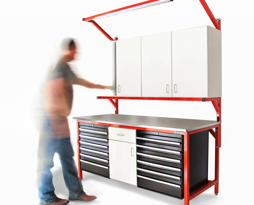 industrial stainless steel with toolboxes and upper cabinets
