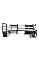 black computer workbench with upper shelves