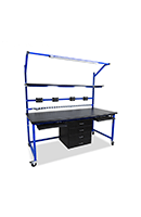 esd workbench with overhead lighting and keyboard trays