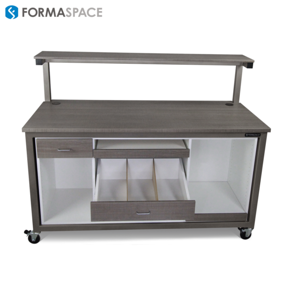 modern gray powder-coated steel station with laminate worksurface and drawer fronts