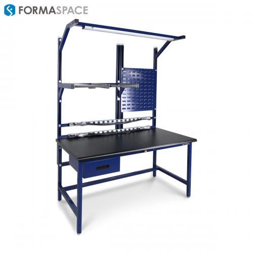electronics assembly workbench with upper pullout shelves