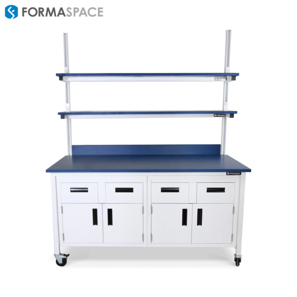 workbench with hidden pull-out shelving storage system and blue countertops