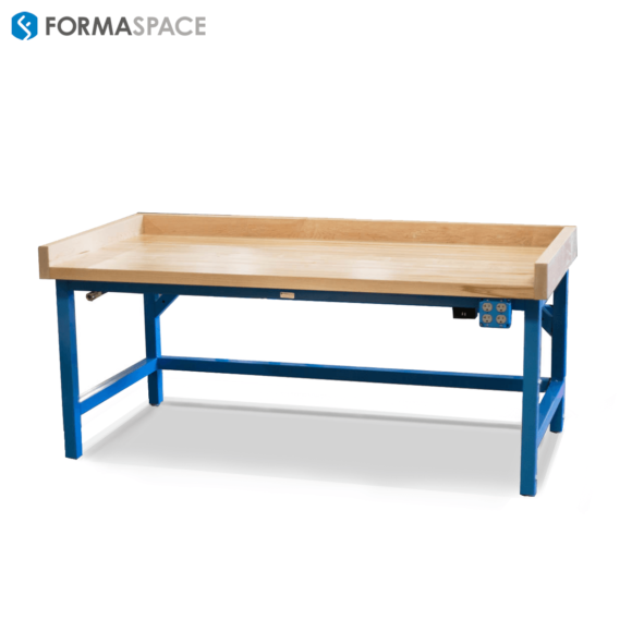 heavy-duty workbench with a maple work surface and built-in connections for power