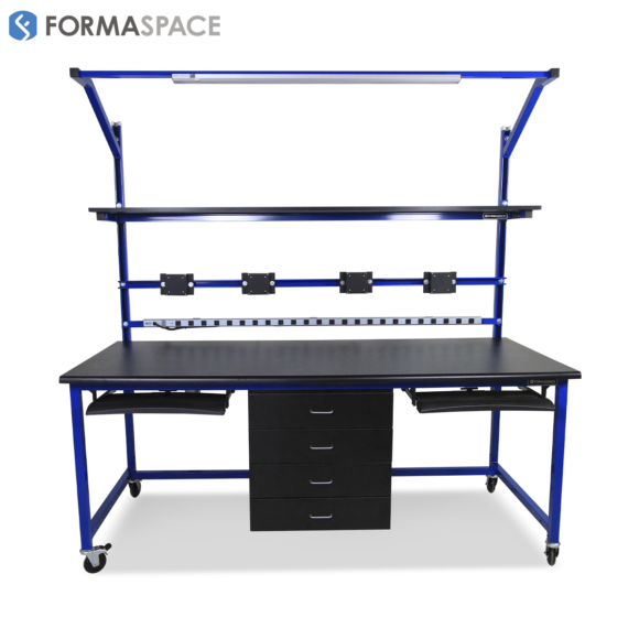 workstation with built-in mounts for monitors and integrated power systems