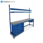 extra long blue workbench with storage