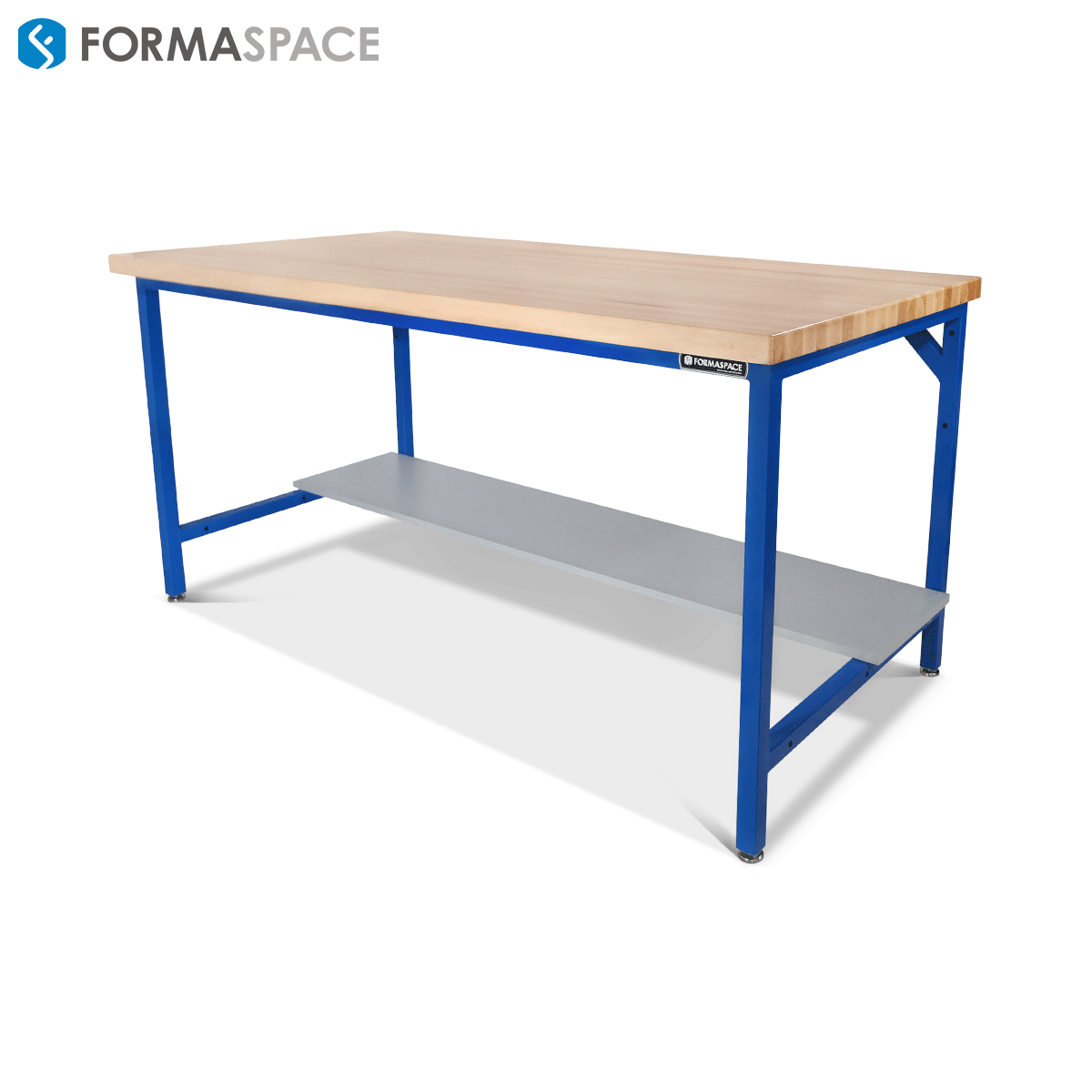 blue workbench with maple top