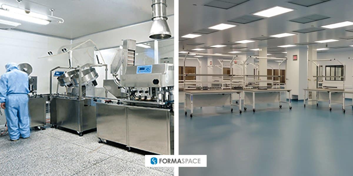 Cleanroom furniture examples with Abiomed cleanroom installation on right.