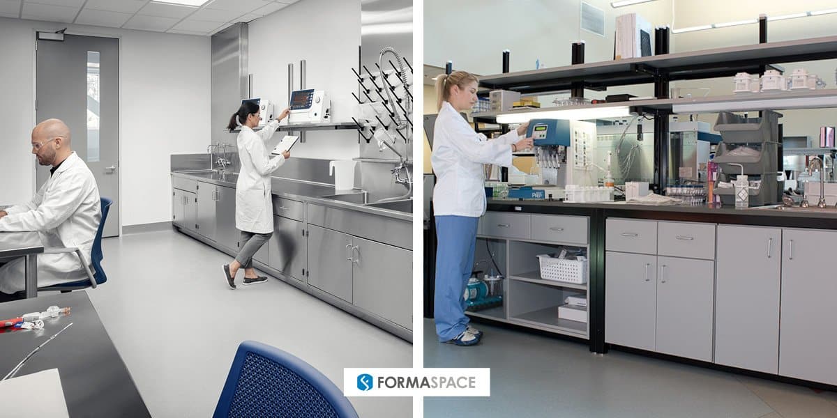 Formaspace hematology (blood work) laboratory examples, casework on left and modular on right.