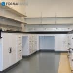 White Chemical Resistant Casework with Wall Mounted Shelves