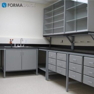 Modular Workbenches with Upper Glass Shelves for Pharmaceuticals