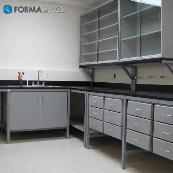modular workbenches with glass shelves for pharmaceuticals