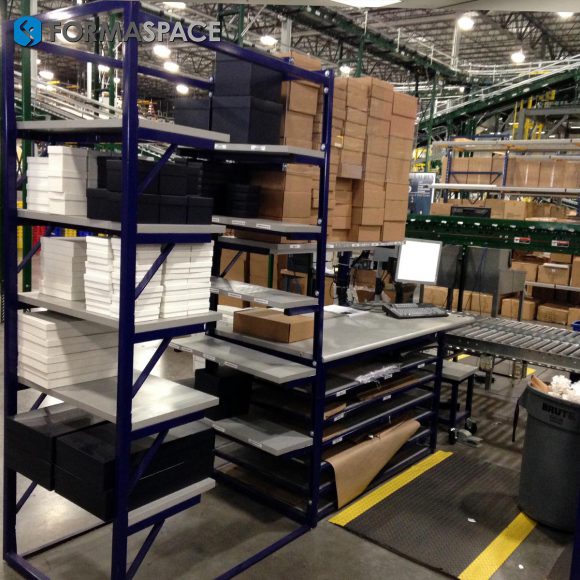 material handling workstation with storage racks