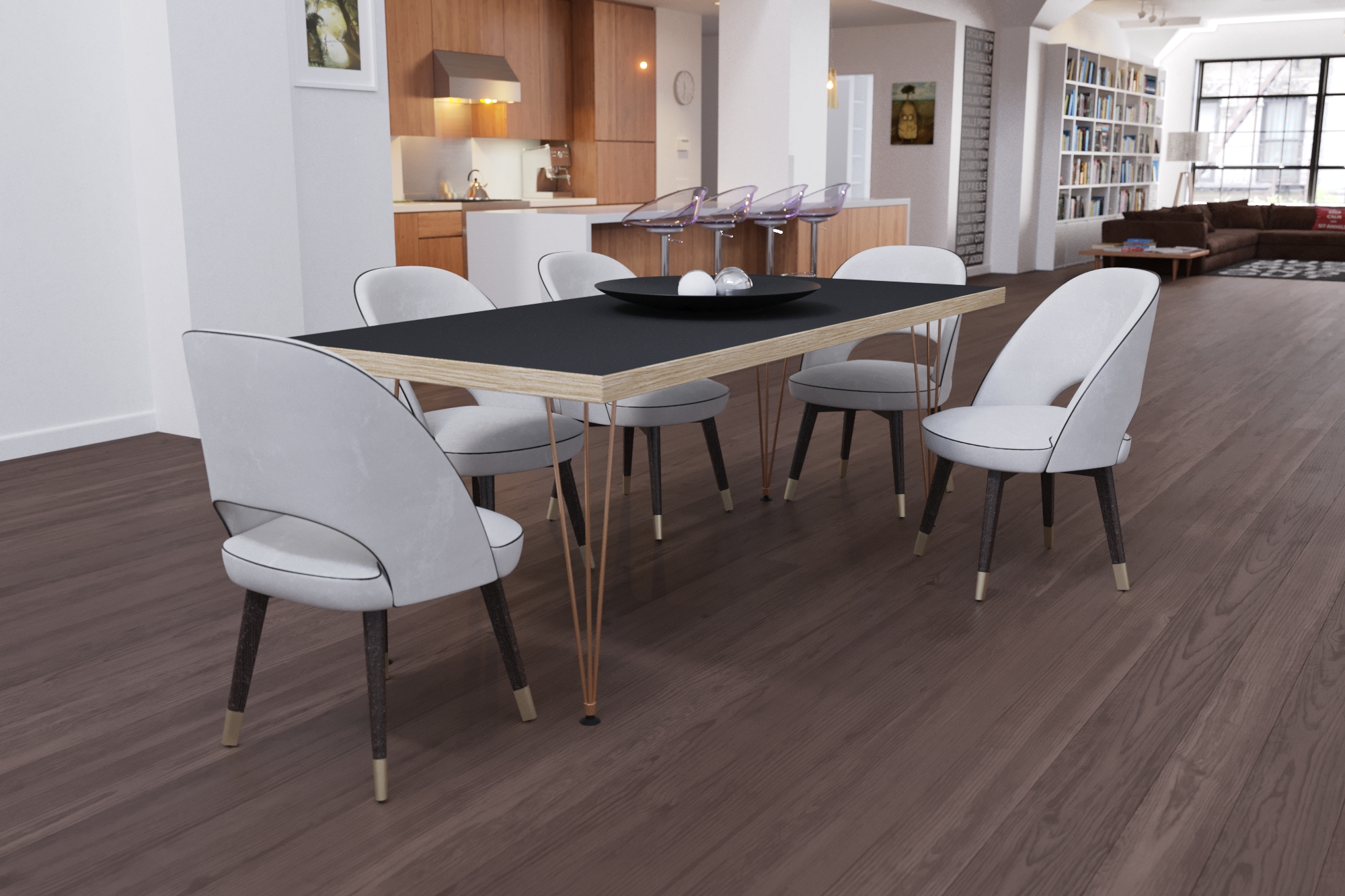 modern dining table concept with metal hairpin legs