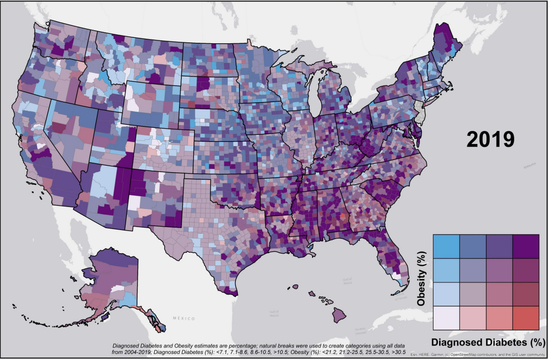 chart and map of the us with diabetes vs obesite rates