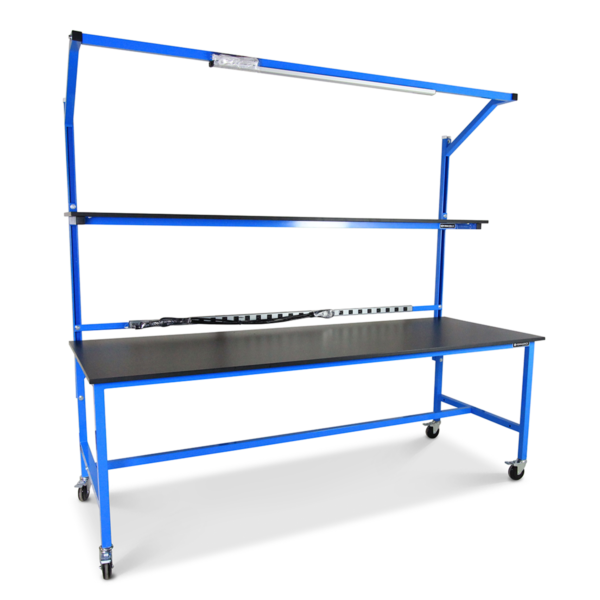 Formaspace 96”x30”x30” Mobile Workstation in Traffic Blue Finish With One Upper Shelf, Overhead Light, 16 Integrated Power Outlets & Black Laminate Top