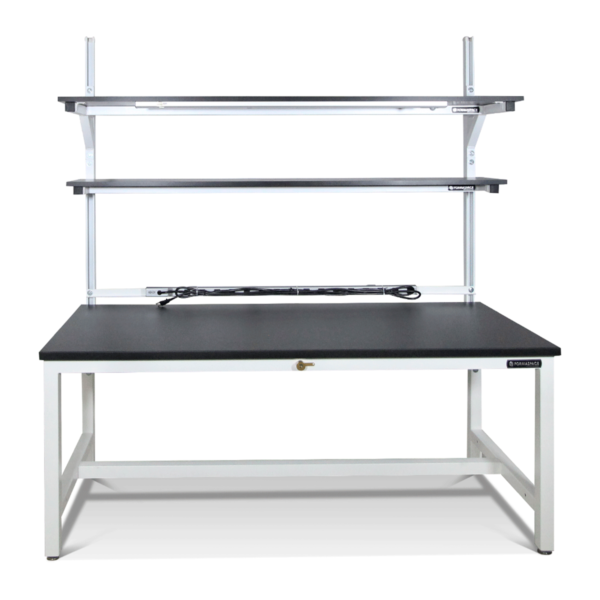 Formaspace 60”x30”x30” ESD Workstation In White Texture Finish With Two Tier Upper Shelving, Undershelf Light, 12 Integrated Power Outlets & ESD Laminate Top