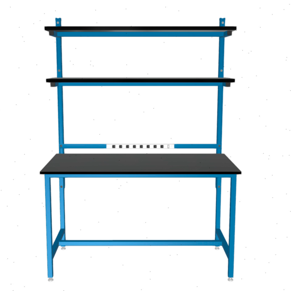 Formaspace Benchmarx 60”x30”x36” Workstation in Traffic Blue Finish With Two Tier Upper Shelving, 8 Integrated Outlets & Black Phenolic Resin Top