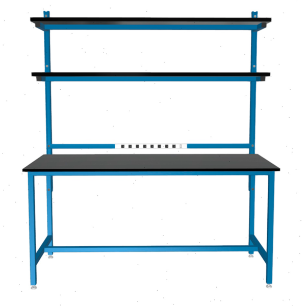 Formaspace Benchmarx 72”x30”x36” Workstation in Traffic Blue Finish With Two Tier Upper Shelving, 8 Integrated Outlets & Black Phenolic Resin Top