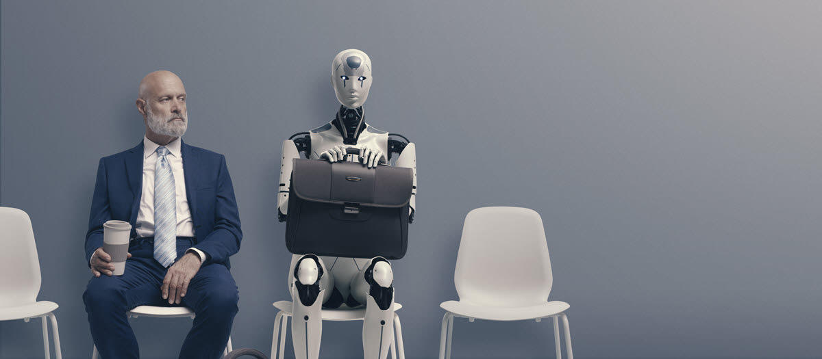 man in a suit sitting next to AI robot with a briefcase