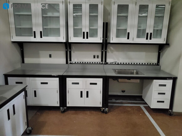 mobile wetlab workbenches with storage and electrical outlets