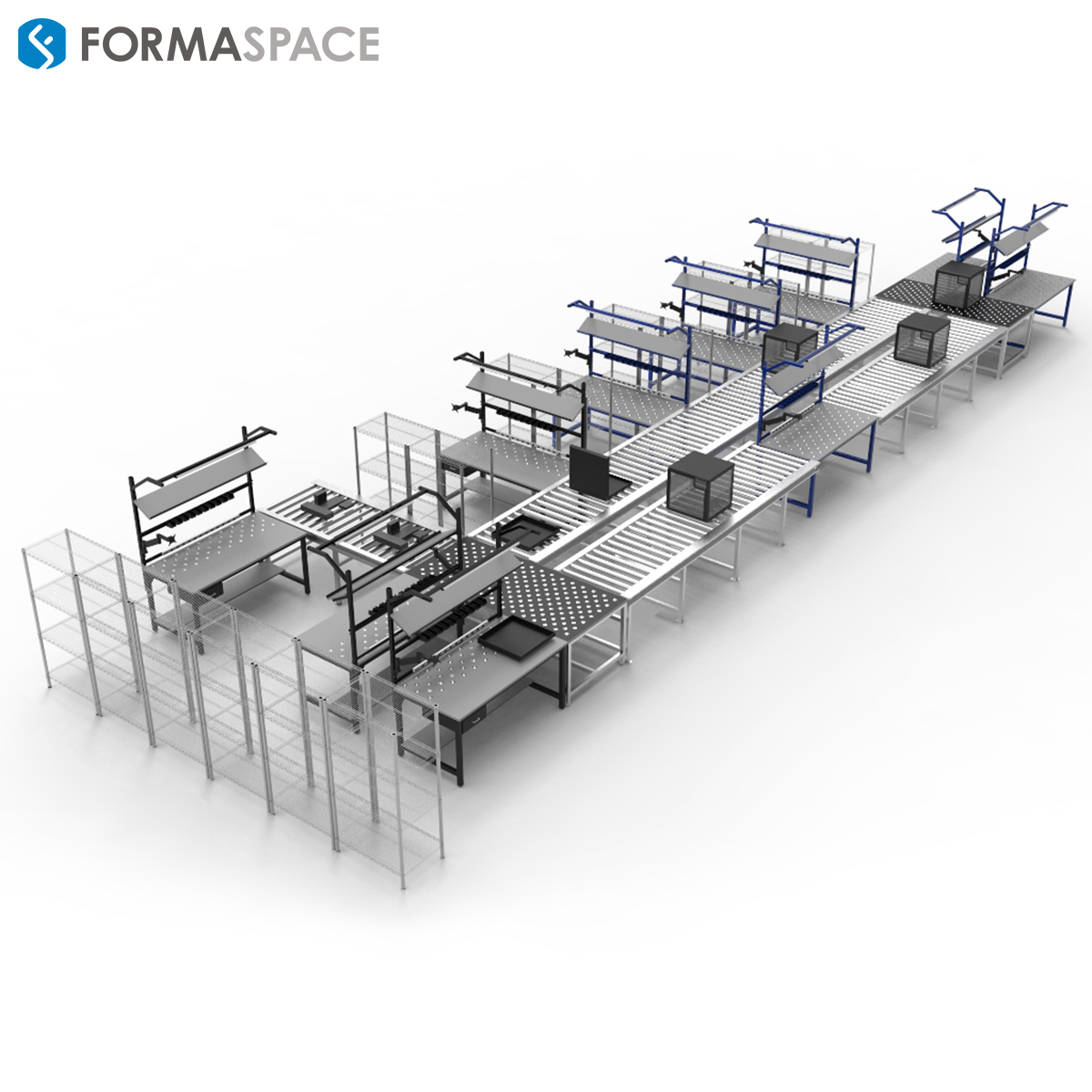 workbenches configured in a production line for efficient component assembly