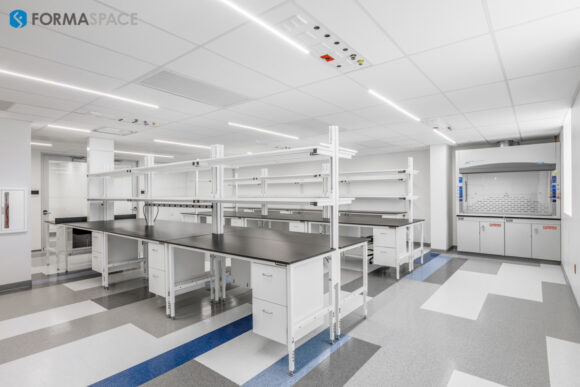 medical laboratory with steel workbenches