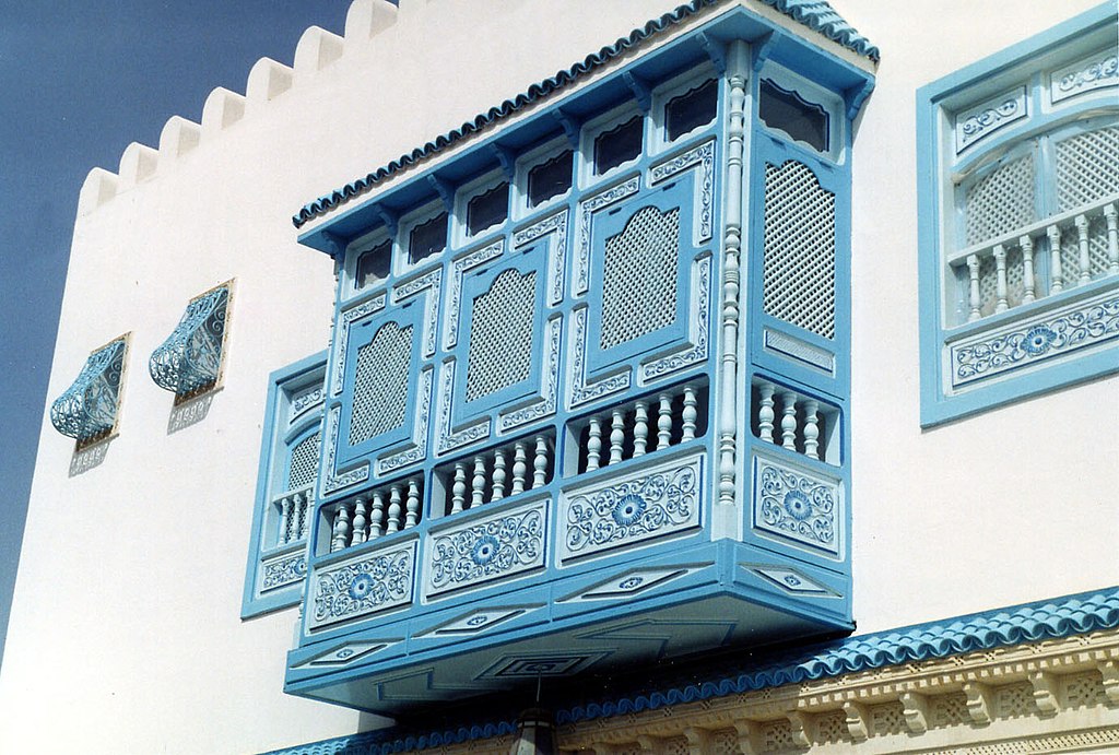 A traditional mashrabiya oriel-style window in Tunisia