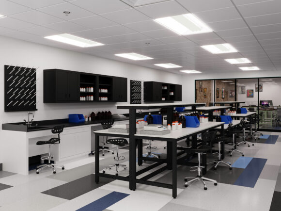 Back-to-Back Lab Bench with Reagent Shelves