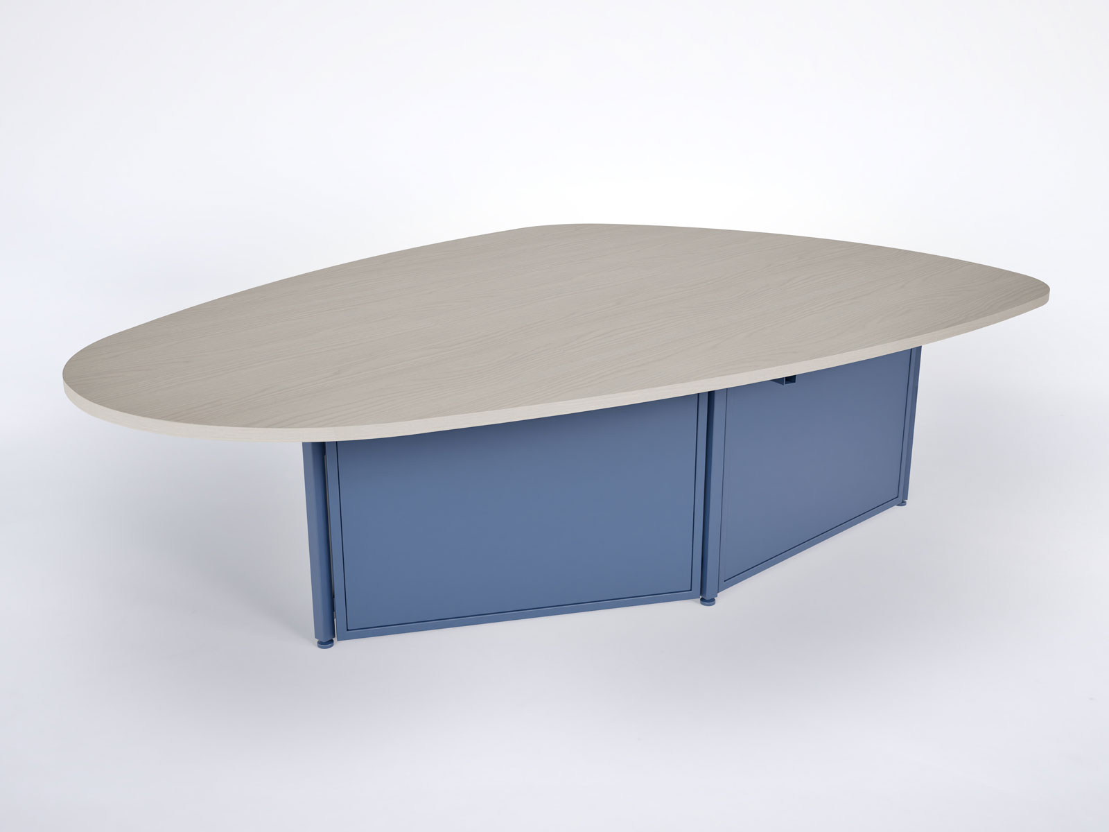 conference table with wood veneer top and sapphire blue frame