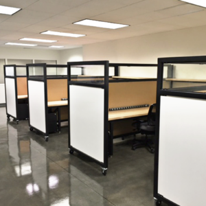 custom modular cubicle with shelves and whiteboard