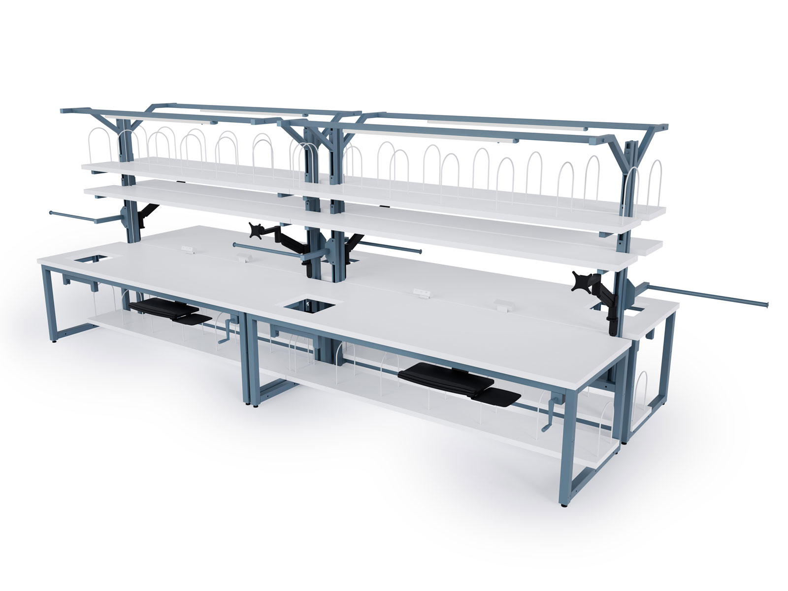 industrial material handling workstation with laminate top and blue frame