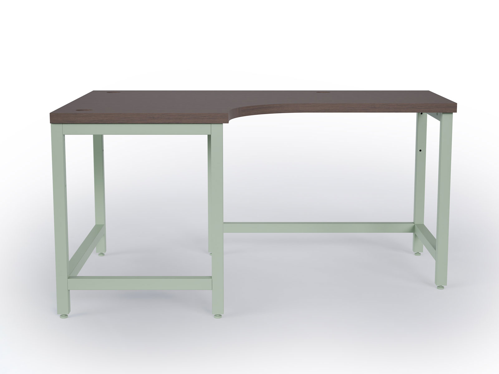 l shape desk with walnut worksurface and mint green powder coat frame