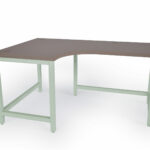 l shaped desk with walnut butcher block worksurface and custom mint green powder coat finish