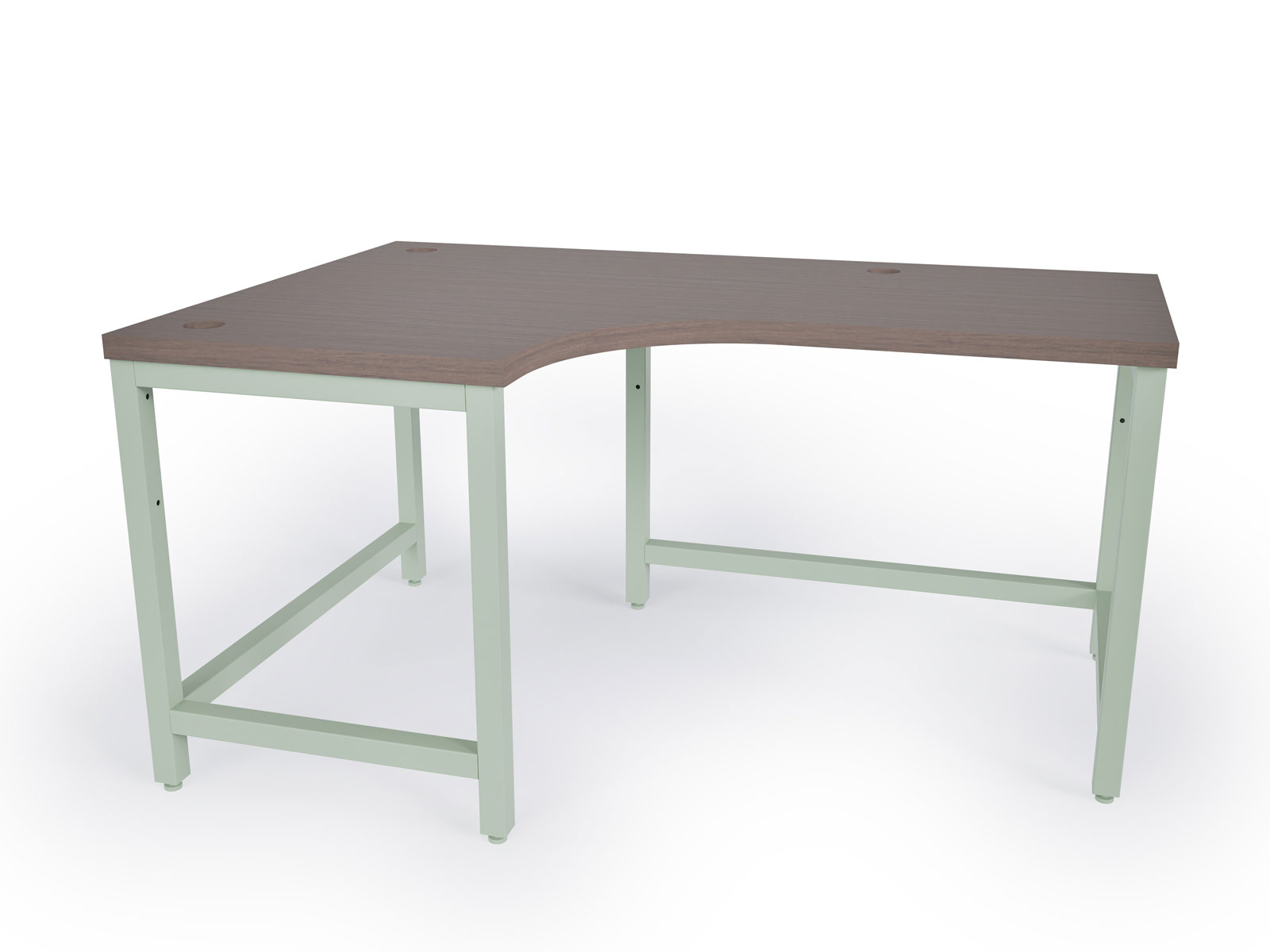 l shaped desk with walnut butcher block worksurface and custom mint green powder coat finish