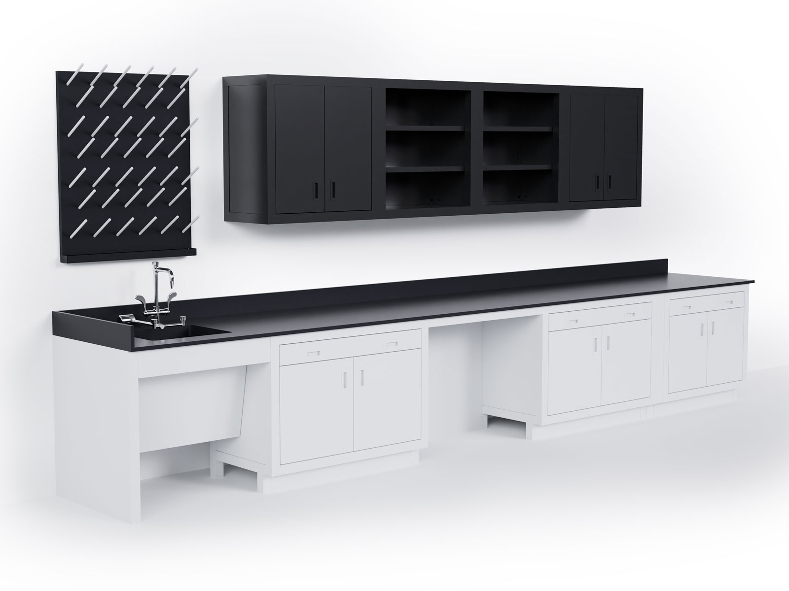rgx modular casework with black phenolic worksurface, pegboard, fixed casework, and epoxy sink