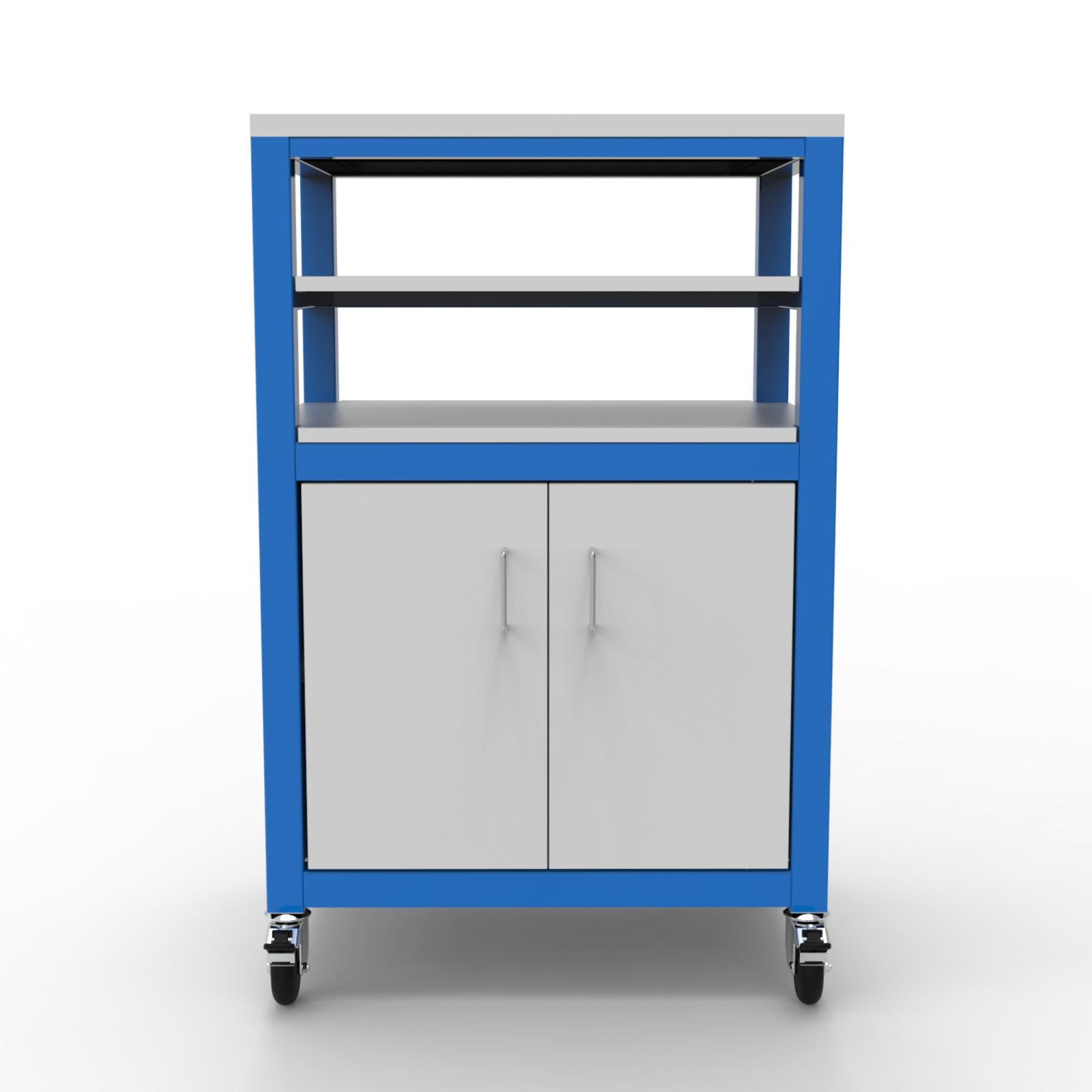 blue utility cart with white shelves on casters