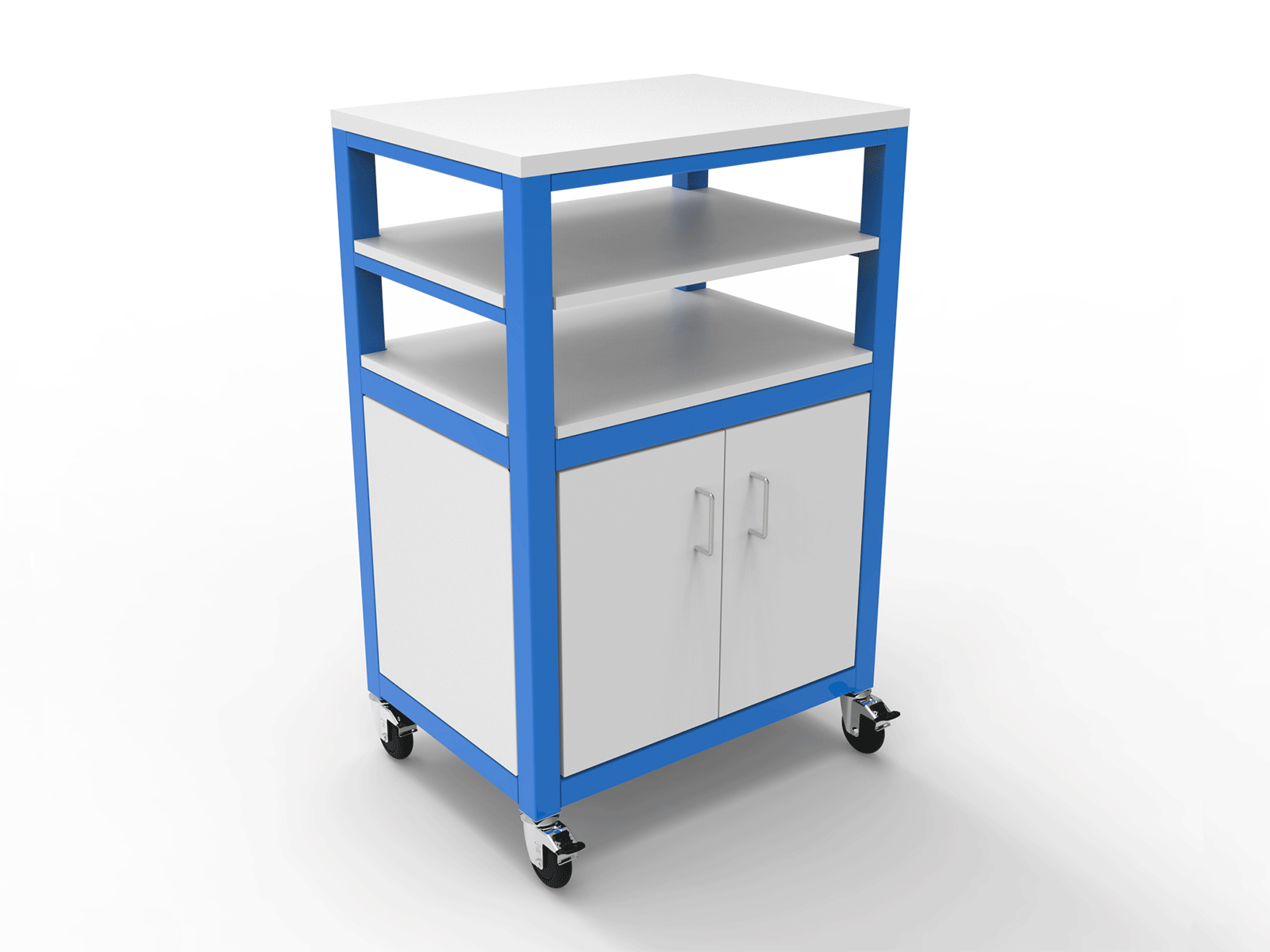 blue mobile utility cart with white shelves