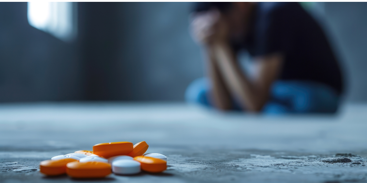 Opioid drug addiction struggling person sitting on the floor with pills