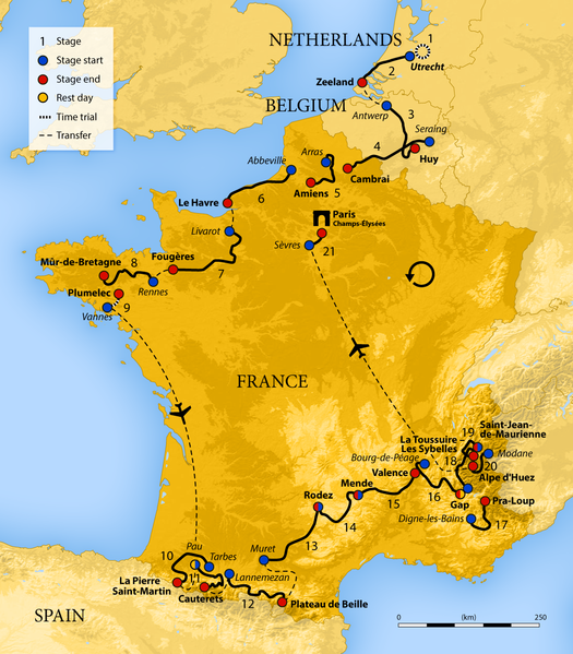 This year's Tour de France actually started in Utrecht in the Netherlands, working its way down the northern coast of France to Brittany before flying to the Pyrenees, Provence, and the Alps. A second flight brought teams to Paris for the ride down the famed Champs-Elysee.