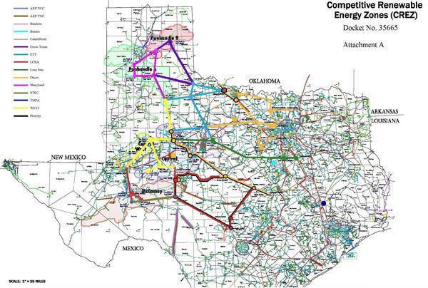 Map submitted to ERCOT showing the different routes for new transmission lines, known as Competitive Renewable Energy Zones (CREZ). The Lone Star Transmission line, which opened in March, is shown in green.