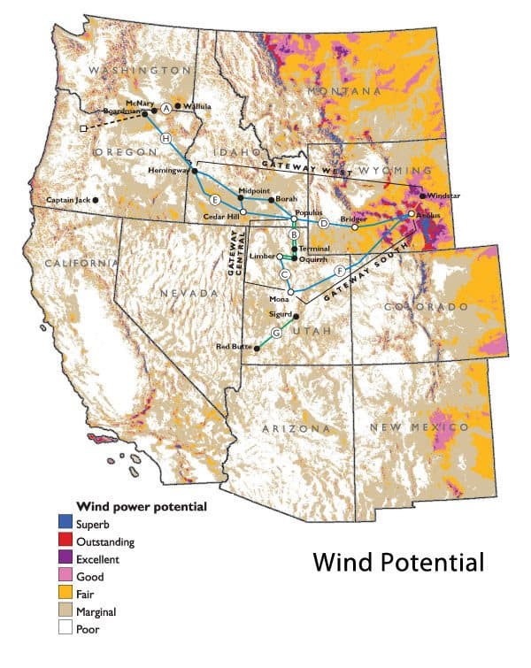 Data from the National Renewable Energy Laboratory highlights areas with the greatest wind power potential. Image courtesy PacifiCorp.