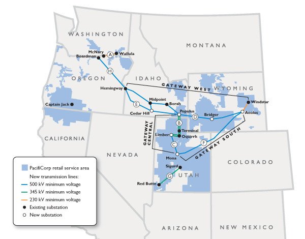 PacifiCorp's massive EnergyGateway Project, now partially completed, connects renewable energy resources in rural areas with the existing electrical grid. Shown are the Gateway West, Gateway Central and Gateway South. Image courtesy PacifiCorp.